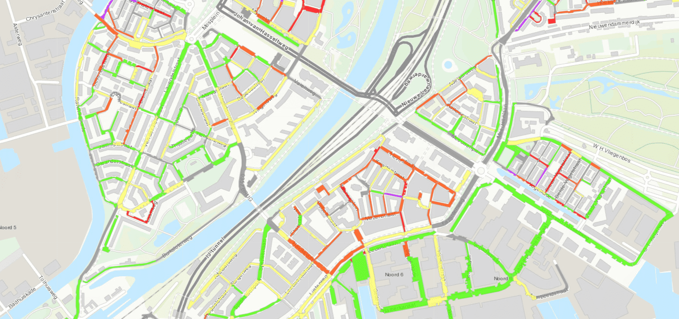 GIS-visualisatie_Keyvisual visuele weergave van een parkeerdrukmeting. Hiermee word de parkeerdruk duidelijk weergegeven in verschillende kleuren. Dit gebeurd door een GIS Visualisatie