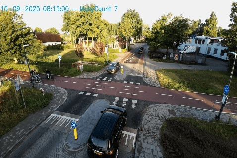 Live cameraregistratie van een kruispunt door de Mobycount-telsystemen, met tijdstempel en voertuigdetectie
