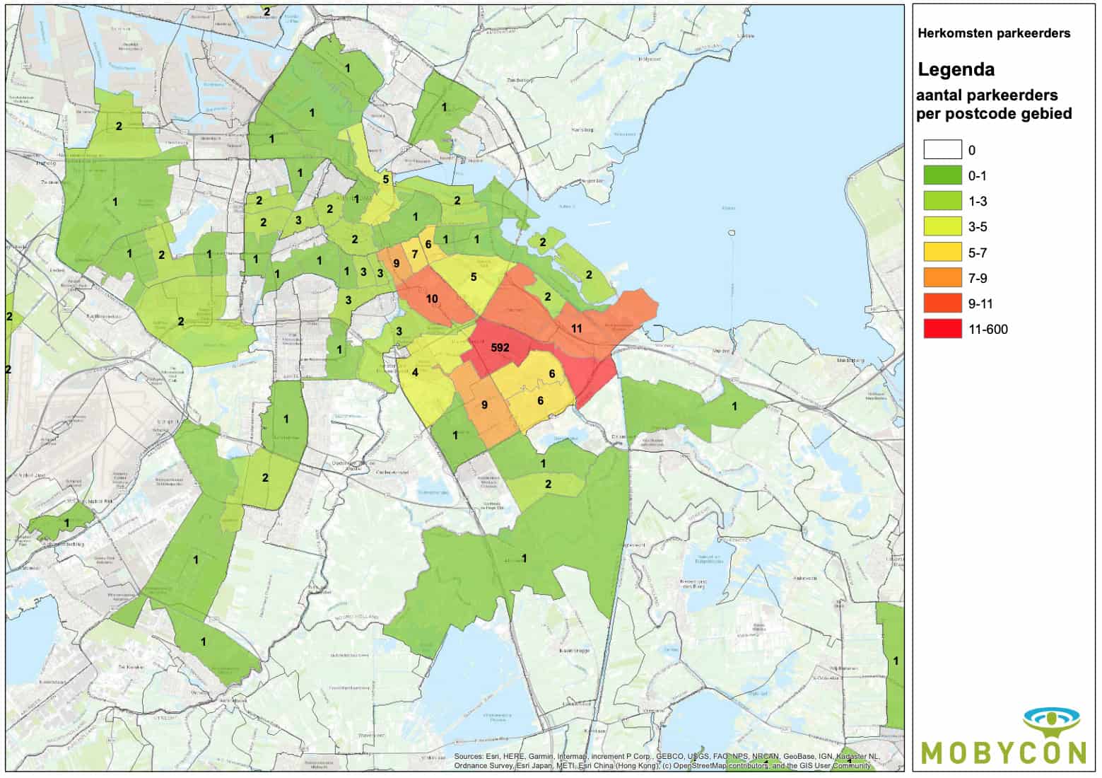 Kaart van parkeerdruk in Amsterdam met kleurcodes voor verschillende gebieden.